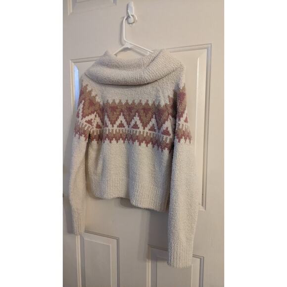 Kaisley Fuzzy Cream Sweater with Pink Pattern, Think Neck/Slight Crop, Small - Picture 2 of 8